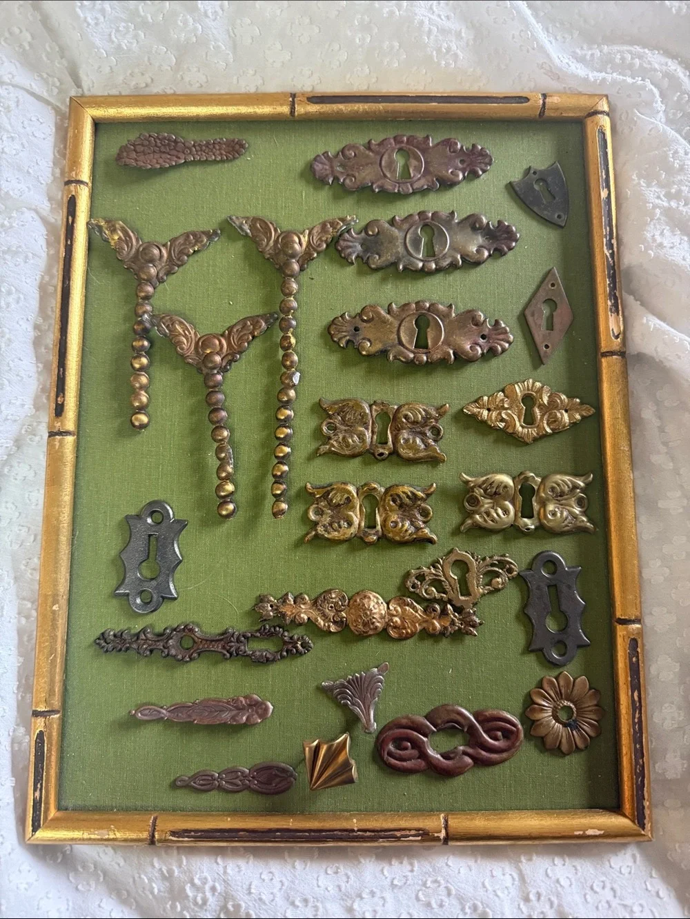 Lot of Vintage Decorative Keyhole Escutcheons and metal decor pieces